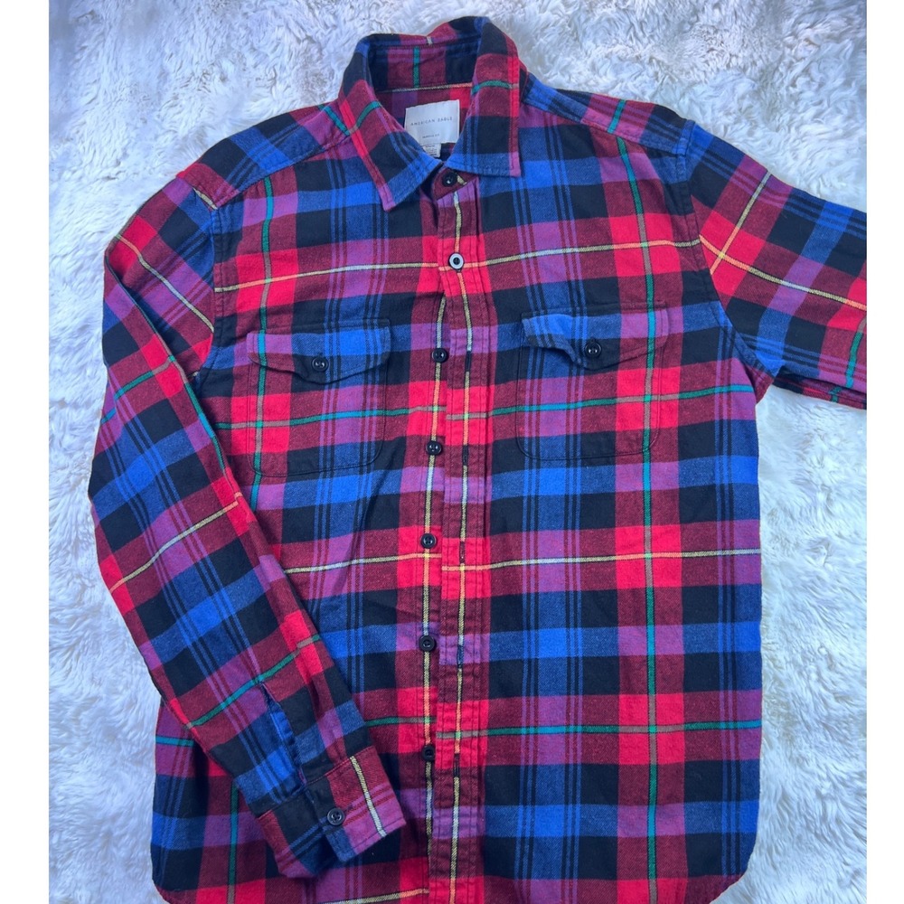 American Eagle Classic Fit Flannel Shirt Mens Medium Red Blue Plaid   A35